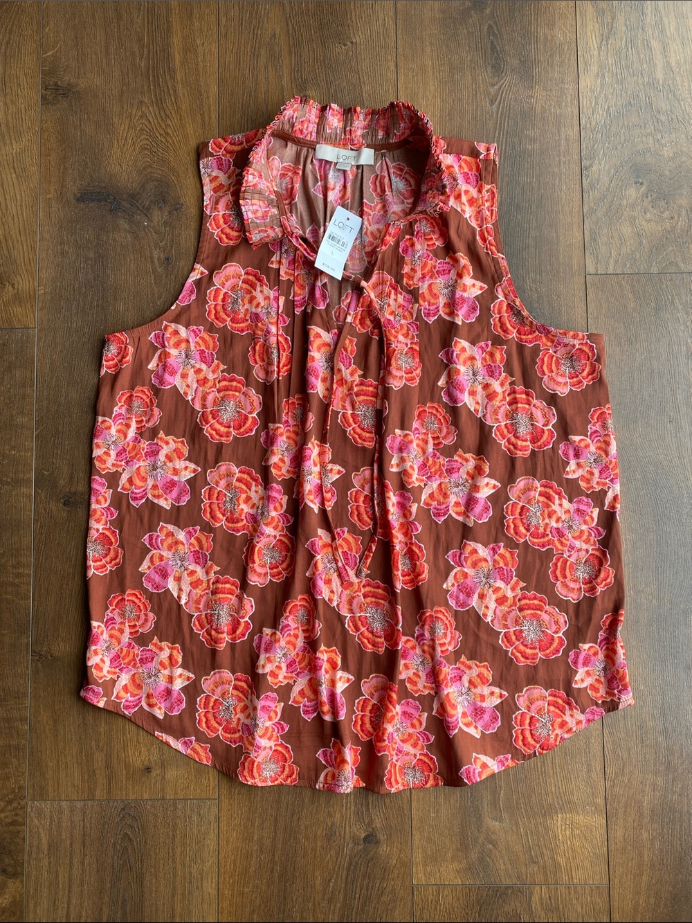 LOFT Rust Floral Tie-Neck Sleeveless Top with Pink Accents